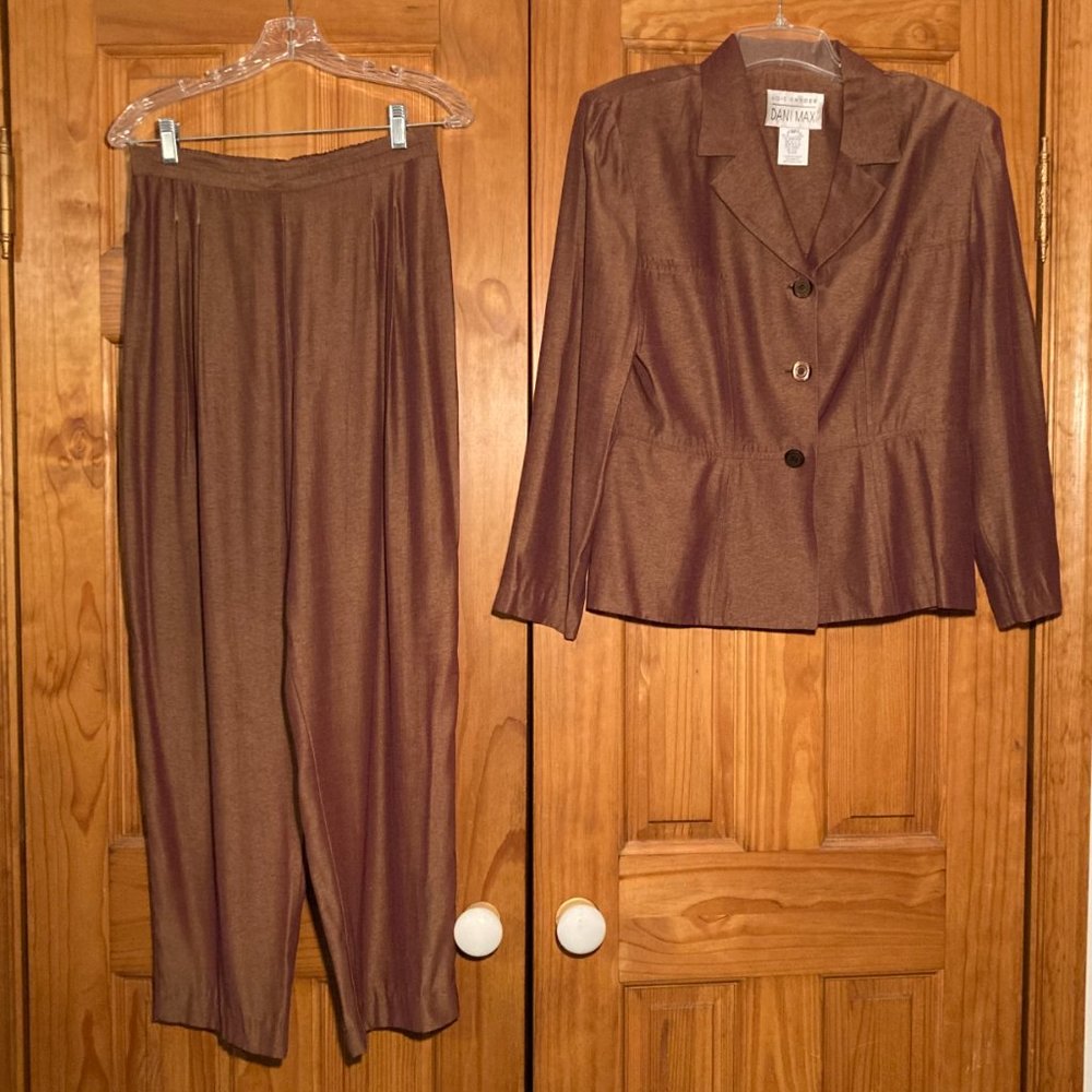 EUC Dani Max Vintage 80s 90s Pantsuit Jacket Blazer Dress Pant Set Brown Size 12